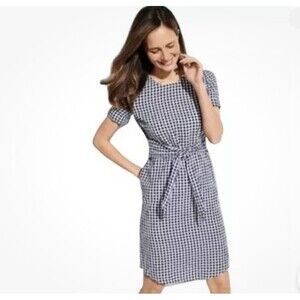 J. McLaughlin Sadie Gingham Dress Navy White Sz 10 Linen Cotton Tie Waist Casual